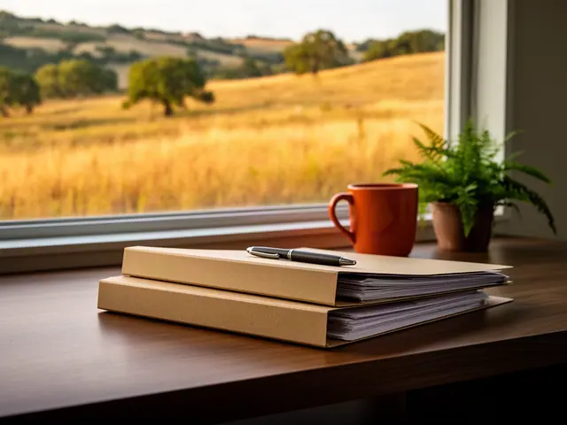 A neat stack of closed manila folders and a pen on a desk by a window.